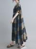 Women Cotton and Linen Dress Vintage Plaid Print O Neck Half Sleeves Side Pockets Robes Casual