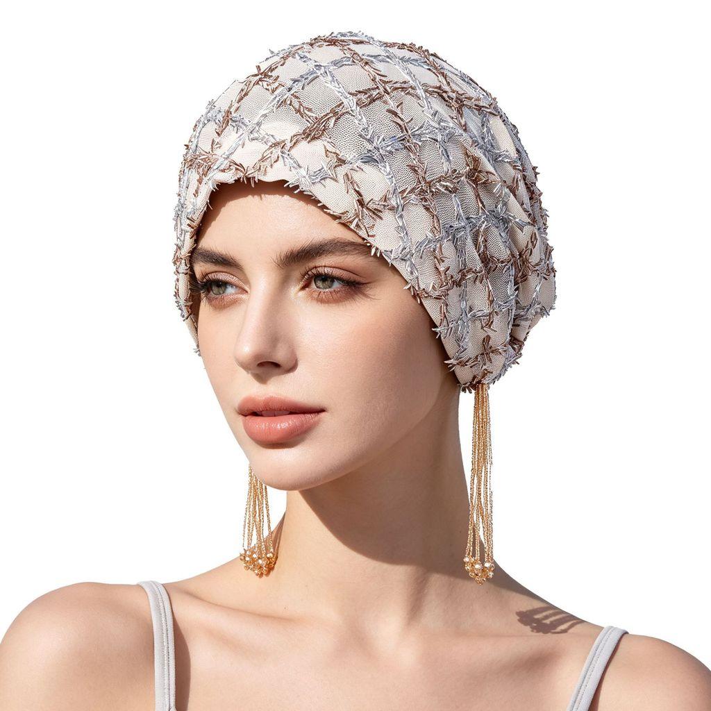 Satin Polyester Fringe Headscarf With Beaded Tassels For Fashionable Women