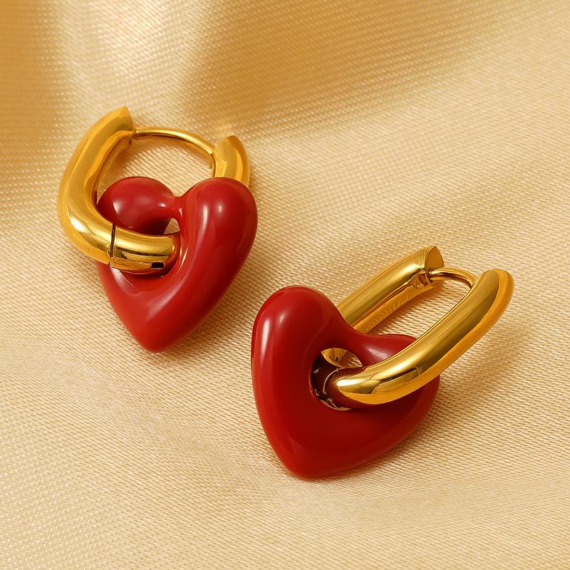 European & American Retro Heart Earrings - Women's Enamel Glaze U-shaped Detachable Design.