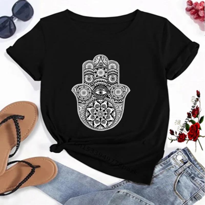 Camisetas con estampado de la mano de Fátima de Hamasa para mujer, camisetas Unisex Harajuku de la mano de Hamsa de la suerte, camisetas negras de manga corta para verano para mujer