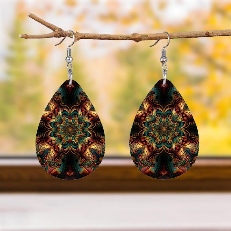 Bohemian Style Colorful Kaleidoscope Mandala Pattern Tears Earrings Lightweight Fashion Waterdrop Shape PU Leather Earrings