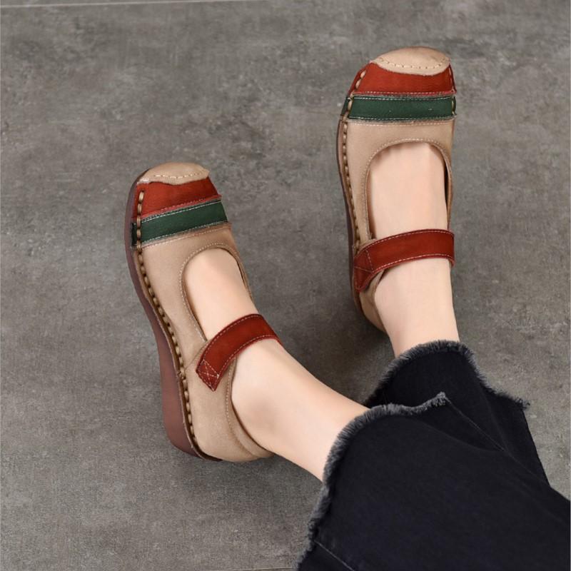 Johnature Retro Round Toe Genuine Leather Women's Shoes Cowhide Soft Sole Mixed Colors Wedge Heel Shoes