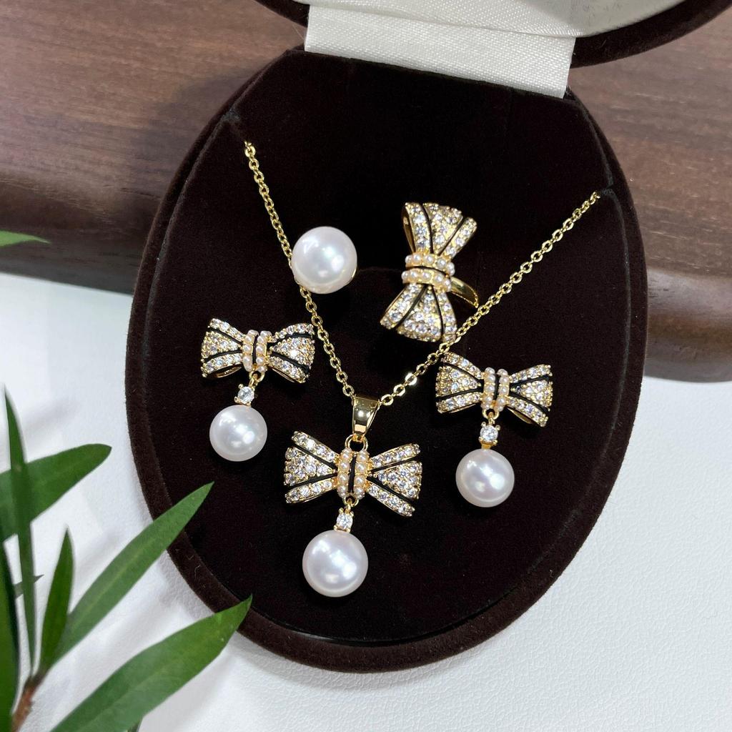 S925 Pearl & Diamond Color Block Bow Jewelry Set - Ring, Pendant, Ear Pins for Women