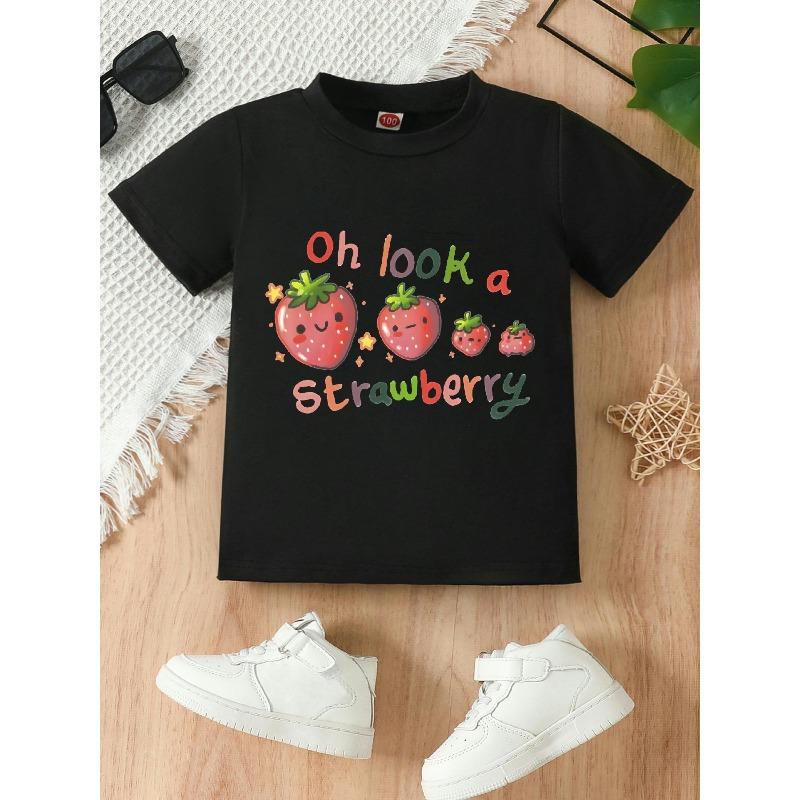 

European sizes A Trendy And Relaxed Short-Sleeve T-Shirt with a Round Neck for Girls, Adorned with an Adorable Cartoon Strawberry Design 98cm чёрный