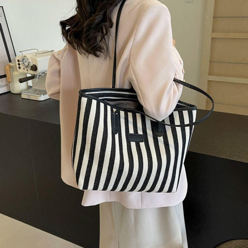 Large Capacity Shoulder Bag Zipper Shopping Handbag Simple Stripe Canvas Tote Bag  Girls