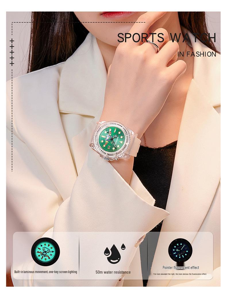 Sanda 6078 Dual Calendar Student Watch with Transparent Strap - Waterproof & Luminous