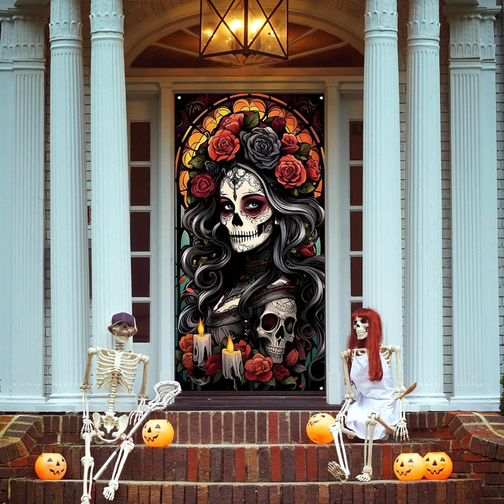 Day of The Dead Door Cover Dia De Los Muertos Boor Banner Backdrop Sugar Skull Rose Altar Mexican Fiesta Party Decorations