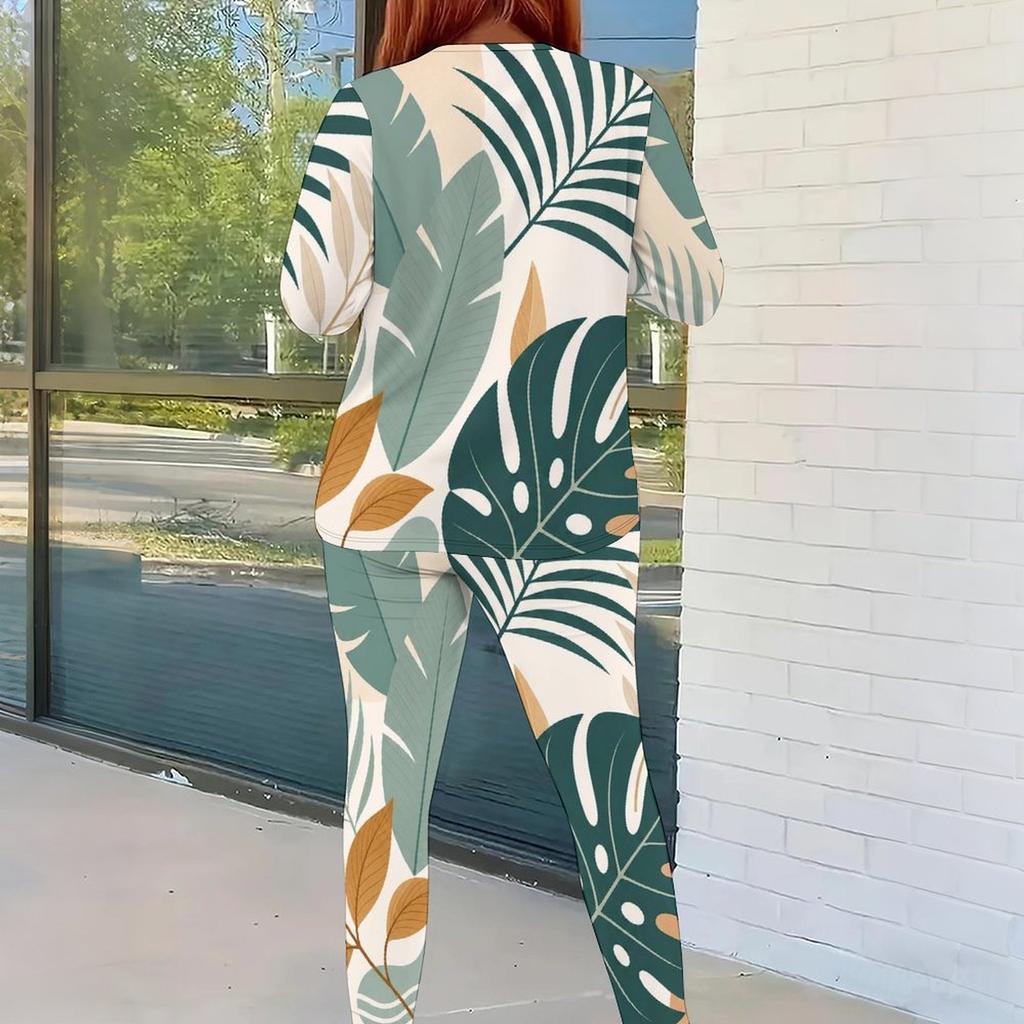 Women Plus Size Two Piece Pants Set Round Neck Long Sleeve Printed Top And Fitted Pants