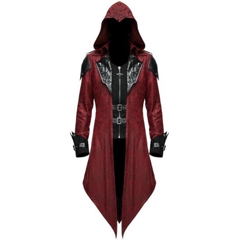 S-5XL Men New Fashion Devil Fashion Mens Gothic Style Hooded Jacket Coat Red Black Diesel Punk Assassin Creed Cosplay Costume Cardigans Coat for Men