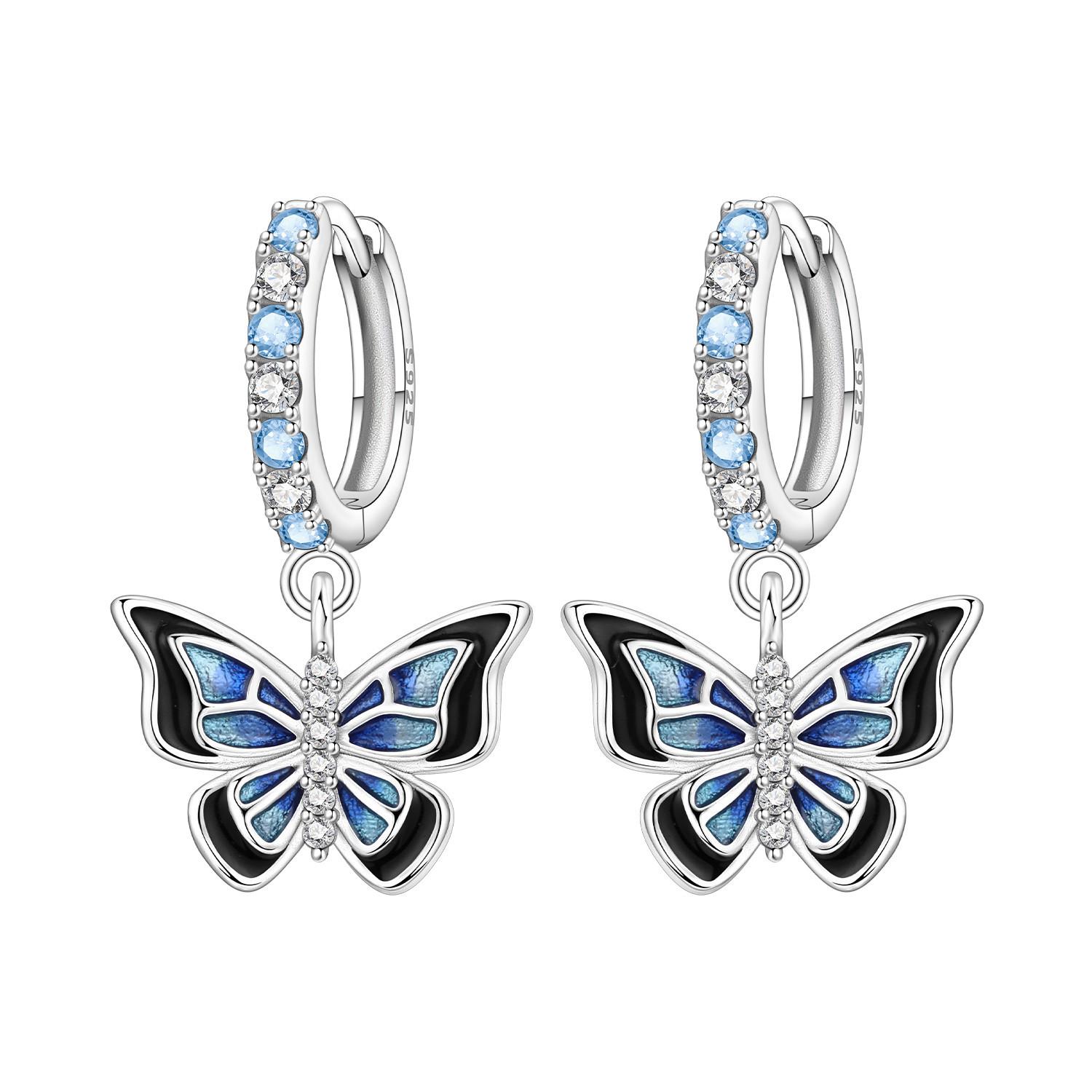 

S925 Silver Blue And Black Butterfly Drop Earrings Women Earrings Charm Fashion Versatile Party Jewelry Gifts