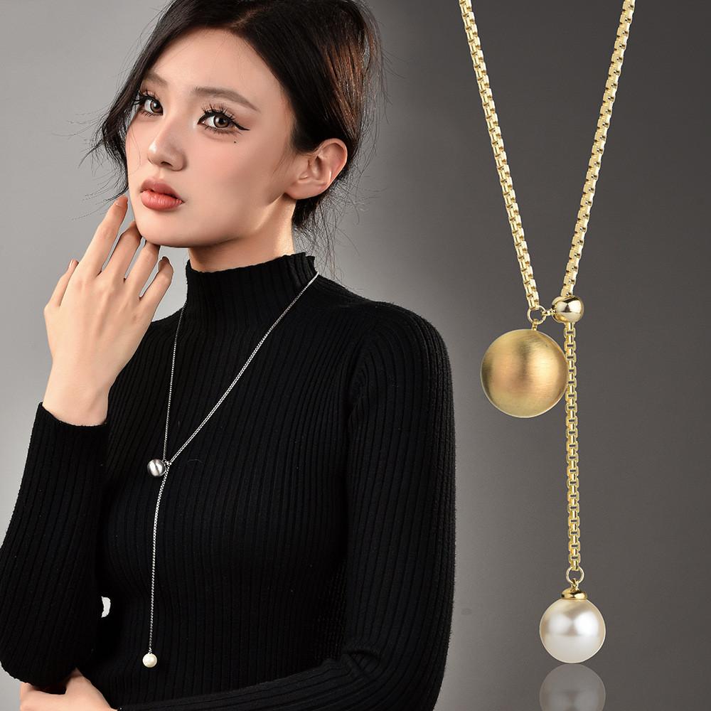 Chic Pull And Slide Pearl Long Pendant Necklace With Sleek Snake Chain For Fashionable Women