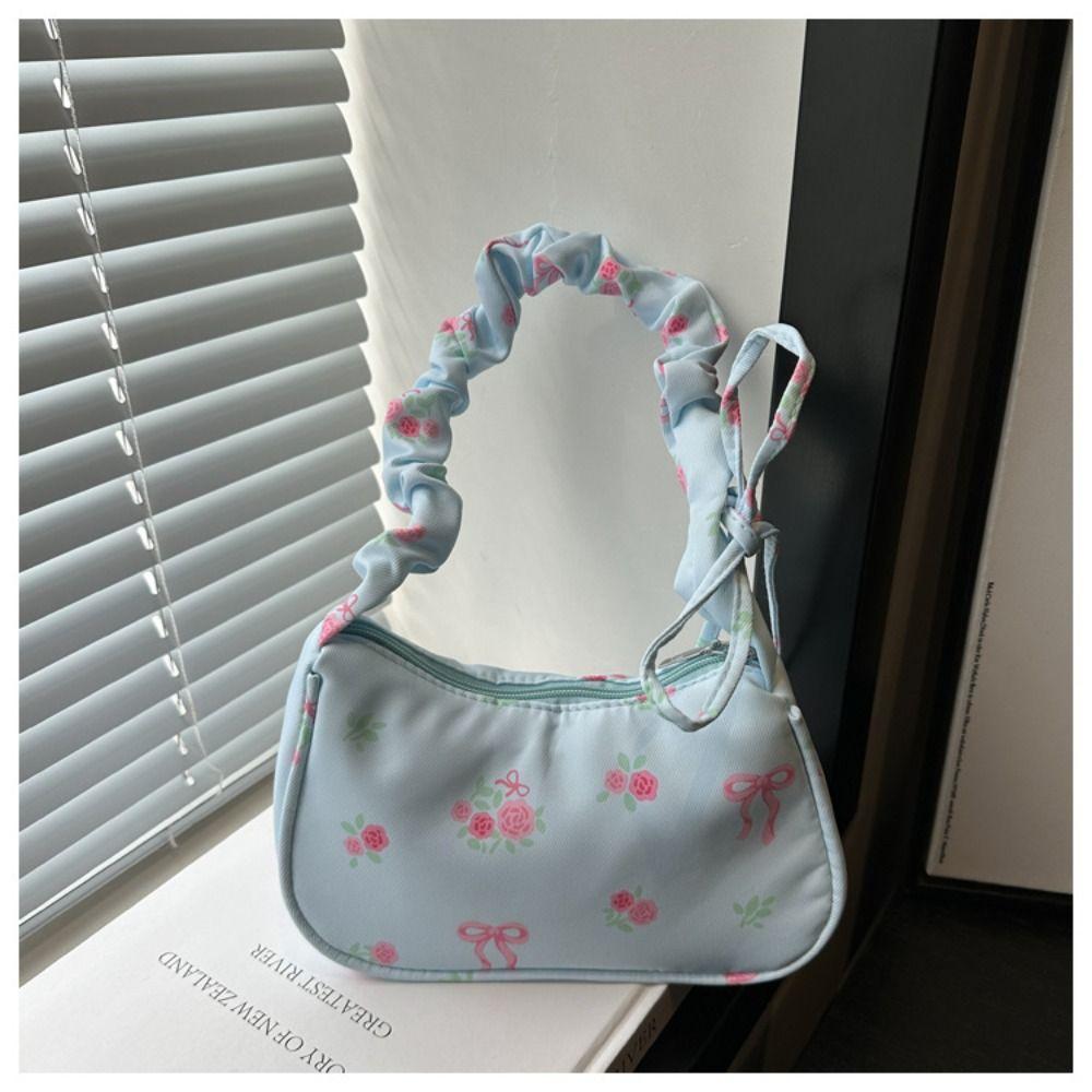 Sweet Flower Pleated Underarm Bag Nylon Zipper Floral Shoulder Bag Lightweight Large Capacity Girls Handbags