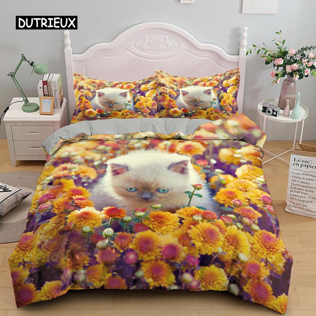 Cat Flowers King Queen Duvet Cover 3D Pet Kitty Floral Bedding Set Teens Adult Yellow Chrysanthemum 2/3pcs Polyester Quilt Cover