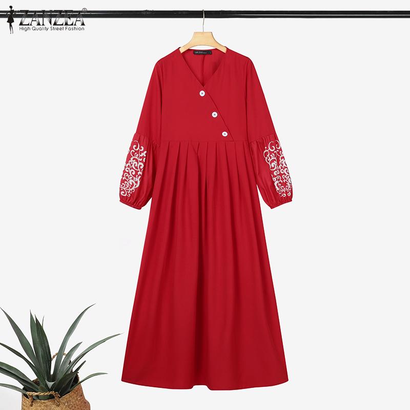 ZANZEA Women Print Patchwork Elasticated Cuffs Lantern Sleeves Casual Long Dress