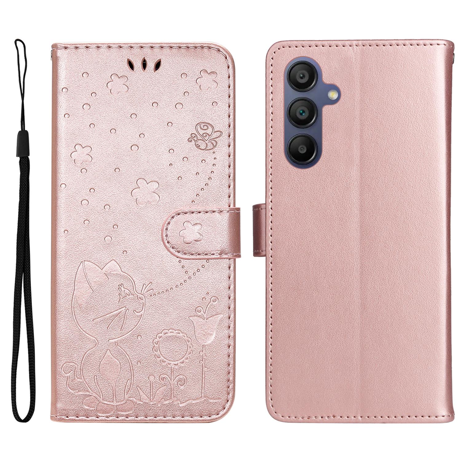 

For Samsung Galaxy A26 5G/A16 5G/A16 4G Leather Case Cat Bee Pattern Phone Cover Wallet Stand with Strap Rose Gold