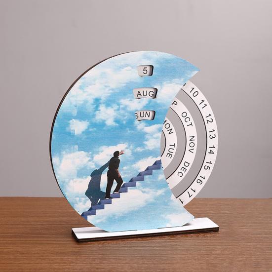 Wooden Perpetual Calendar with Rotating Blocks Desktop Office Decor Desk Organizer Cute Motivational Gift for Students Creative Home Office Accessory
