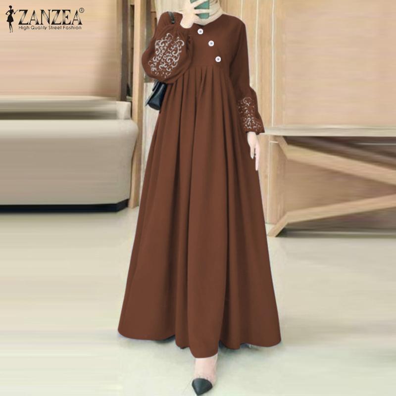 ZANZEA Women Print Patchwork Elasticated Cuffs Lantern Sleeves Casual Long Dress