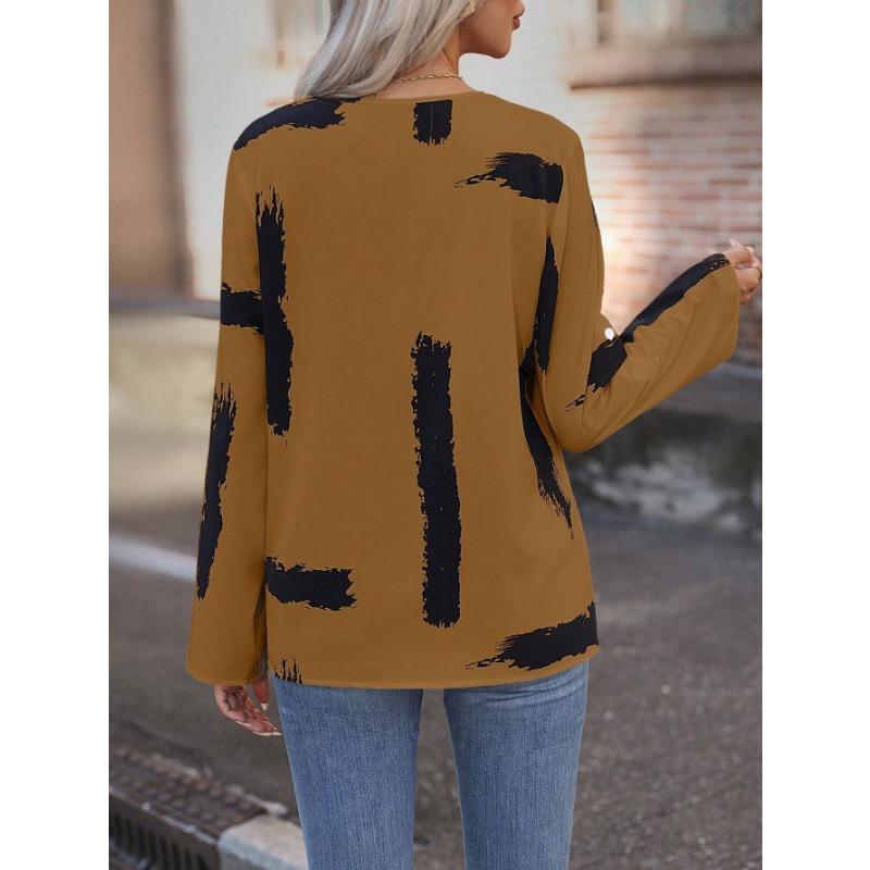 Women Black White Abstract Print V Neck Roll Tab Long Sleeve Casual Blouse