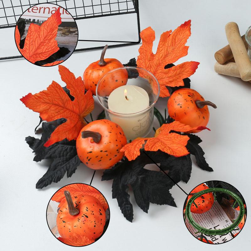 2Pcs Halloween Rings Wreath Black Artificial Maple Leaf Holder Table Centerpieces Fall Thanksgiving Party Decor