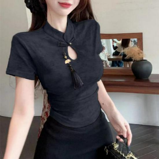 Women's Summer Qipao-Style Cropped T-shirt: Stand Collar, Regular Shoulder, Short Sleeve, High Waist, Plus Size, Spicy New Chinese Style