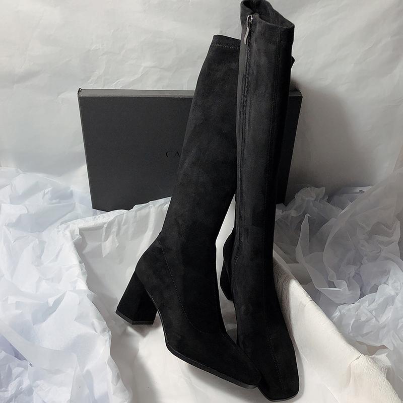 Fashion Women Boots Autumn Winter Elastic Slimming Knee-High Boots Fashion Square Toe Thick Heel Shoes for Women Side Zipper Casual Boot