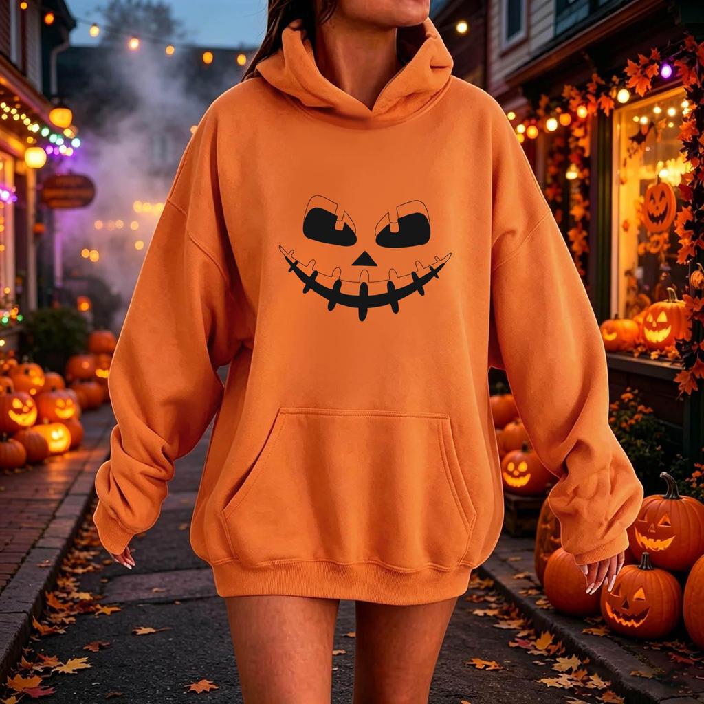 Women's Halloween Printed Hoodie, Casual Fashion Long Sleeve Pullover for Fall Holiday Party
