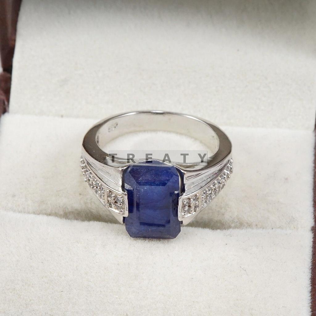 Blue Sapphire Emerald Cut Gemstone With 925 Sterling Silver Ring For Men's #B735 JL375692813193