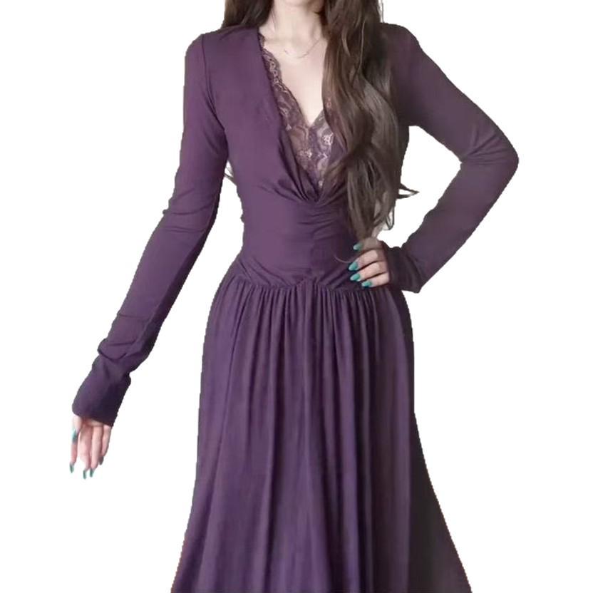 2026 Korean V-neck Lace Patchwork Long Sleeve Waist-Cinching Slim Dress - Spring/Autumn Socialite Style