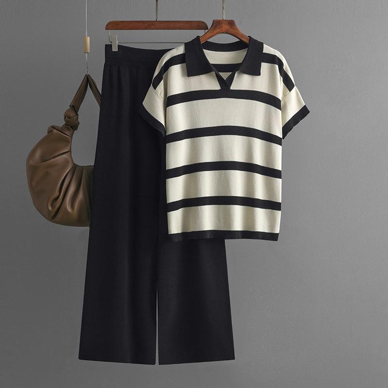 Summer color matching striped collar casual fashion short-sleeved knitted top solid color loose wide-leg pants two-piece set