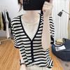 Summer ice silk V-neck fake two-piece short-sleeved knitted sweater for women, Korean loose pullover for women