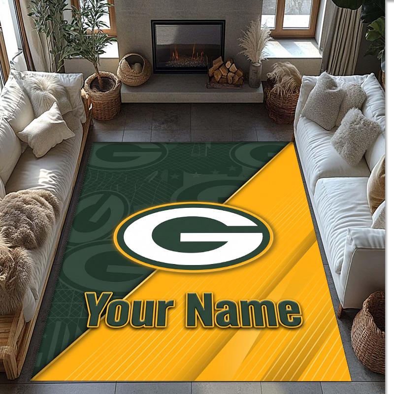 Green Bay Packers Crystal Velvet Rug, Custom Name Text Personalized Non‑Slip Floor Mat for Home Decor Gift