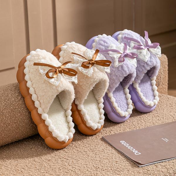 Bow cotton slippers women's winter velvet warm non-slip confinement shoes indoor home thick-soled plush slippers