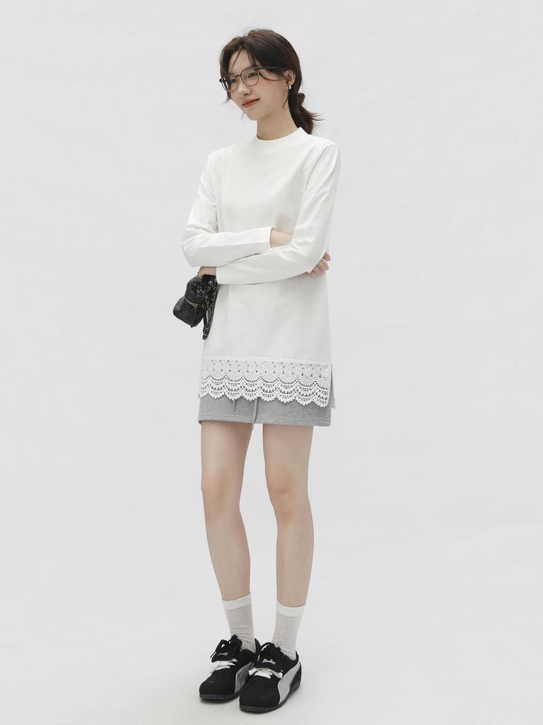 Women's Long Sleeve Lace Hem T-Shirt with Half-High Collar - Loose, Slimming Mid-Length Base Layer