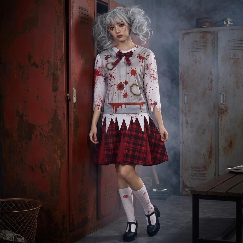 Red Plaid Halloween Zombie Costume Creepy Scary Zombie Cosplay Costume Decorative Blood-Stained Bloody Dress Themed Party