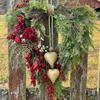 Valentine's Day Farmhouse Heart Wreath for Front Door Rustic Faux Greenery Wreath with Red Roses Berries Vintage Heart Bell for Window Porch Indoor