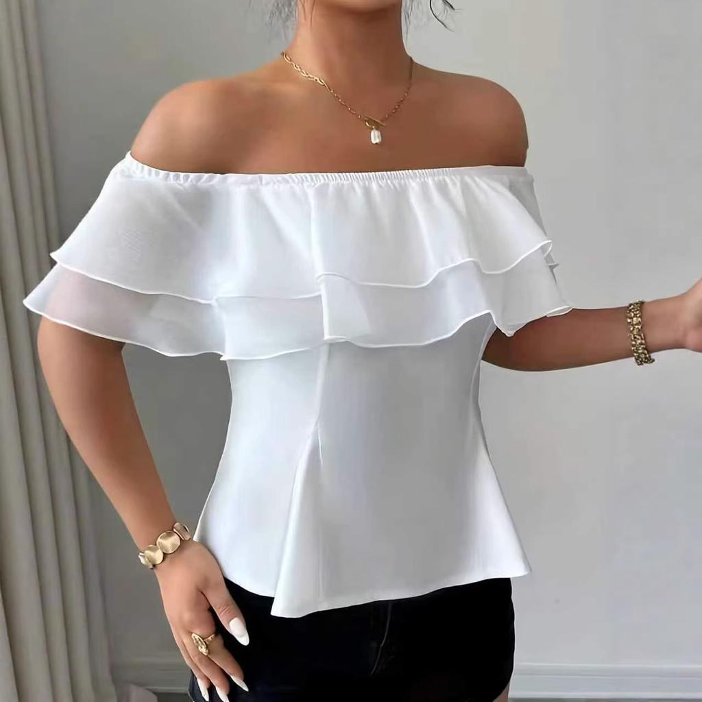Summer New Style Fashionable One-shoulder Ruffled Chiffon Top with Frills - A Sexy Short-sleeved Top with Exposed Shoulders