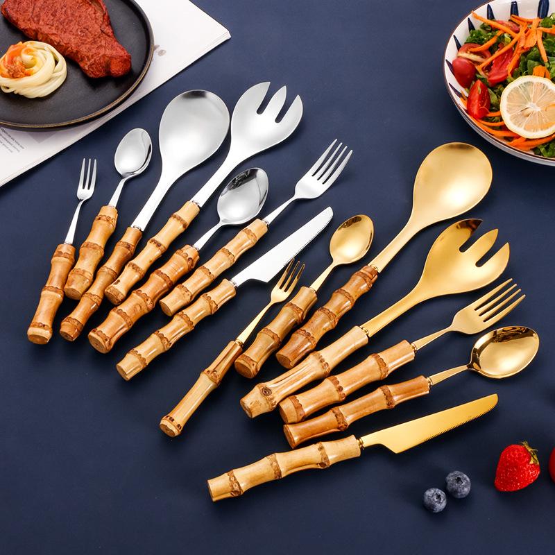 7Pcs Natural Bamboo Handle Stainless Steel Tableware Sets Flatware Set Dinnerware Steak Knife Cutlery Dessert Spoon and Fork Set