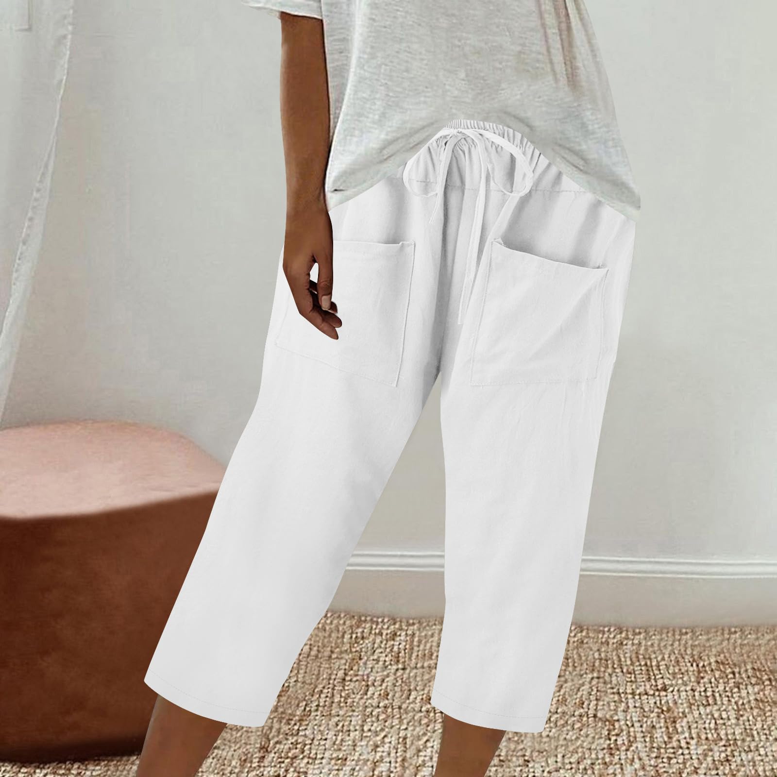 Women s Casual Fashion Color Tie-Waist Pockets Wide-Leg Cropped Pants Casual Trousers XXXL белый
