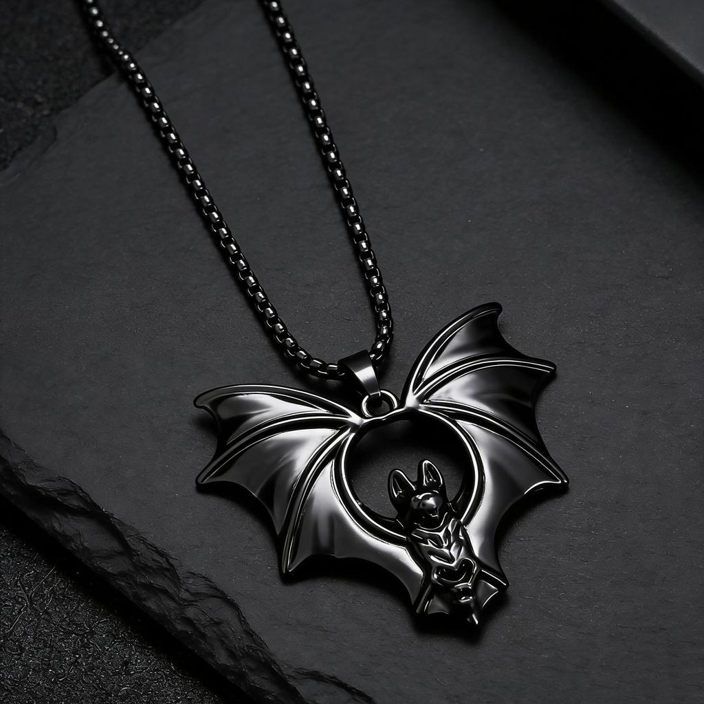 Gothic Bat Pendant Necklace with Metal Wings - Halloween Jewelry Charm Accessories