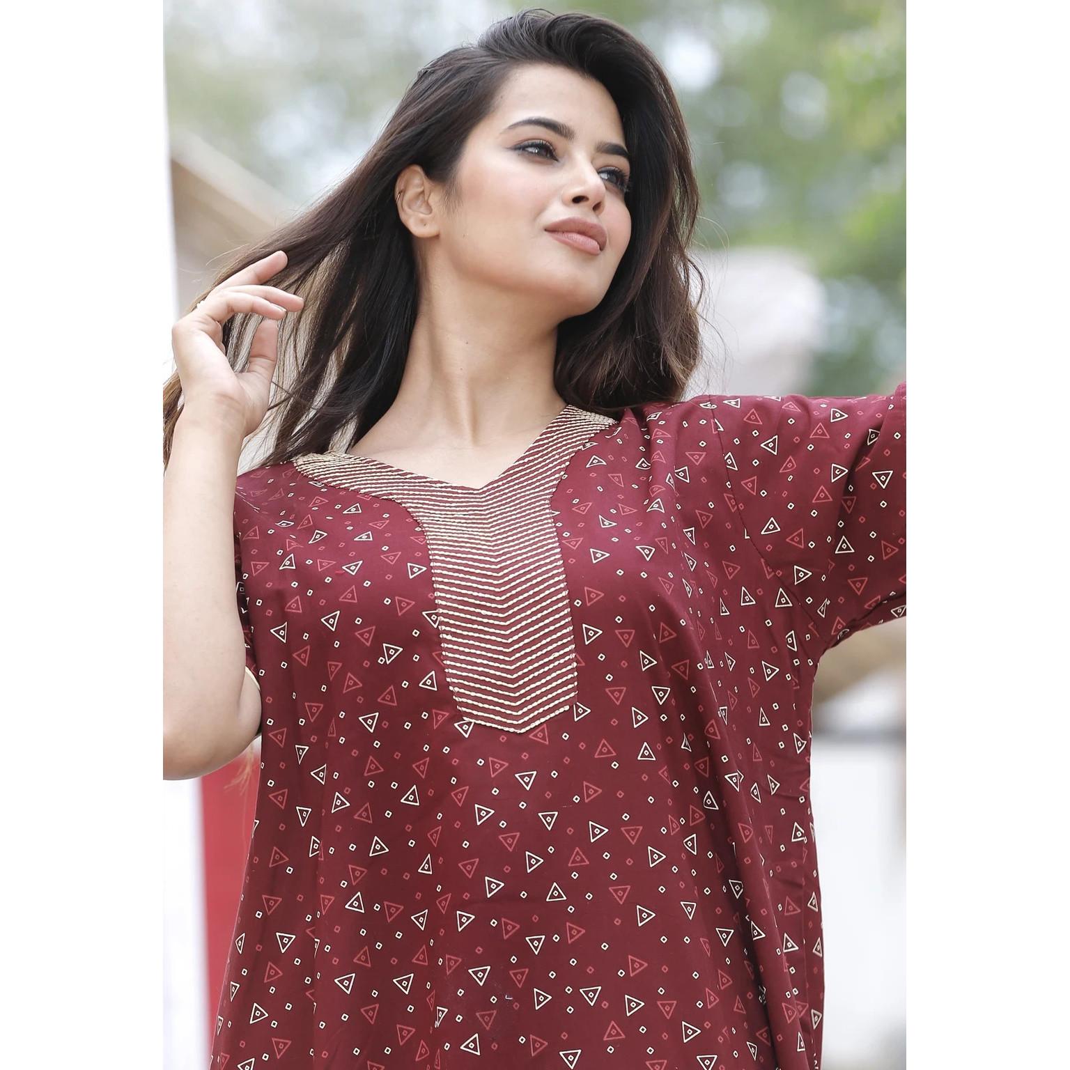 

Women V Neck Cotton Printed Gown Indian Bollywood Night Wear Long Nighty 3XL-46