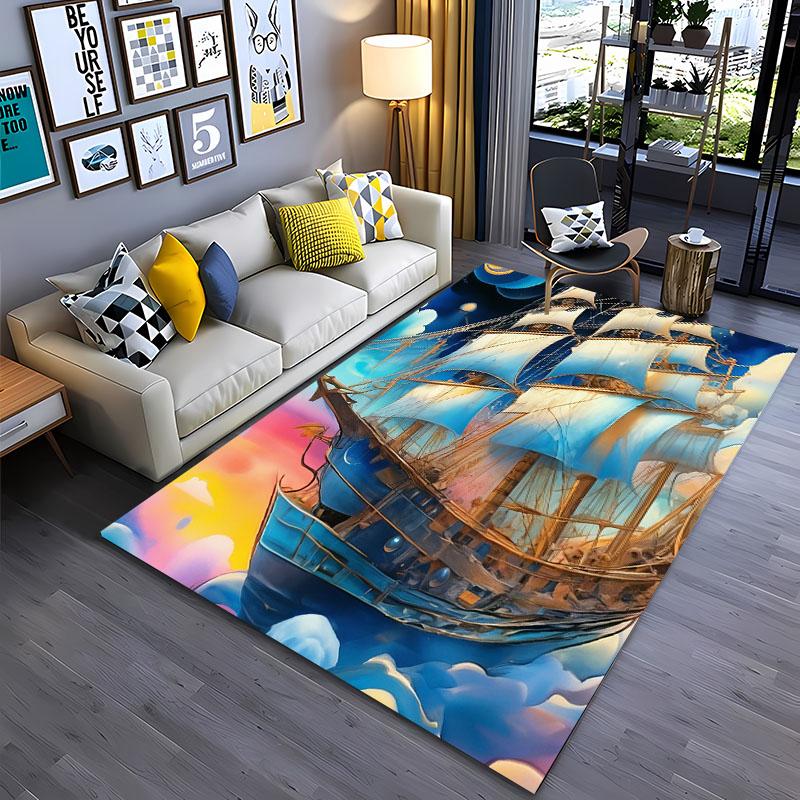 3D Pirate Ship Boat, Large Area Carpets for Home Living Room  Children's Bedroom Sofa Doormat Kitchen Floor Rugs Anti-slip Decor