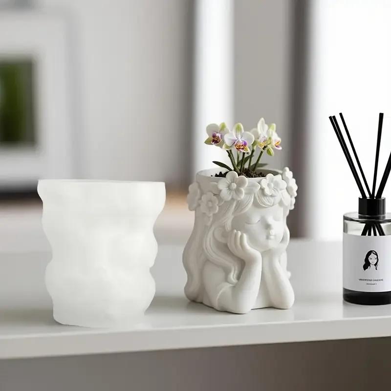 A Top Quality Wearing Wreath Girl Shape Vase Silicone Molds DIY Candle Cup Vessel Plaster Concrete Mould Storage Box Flowerpot