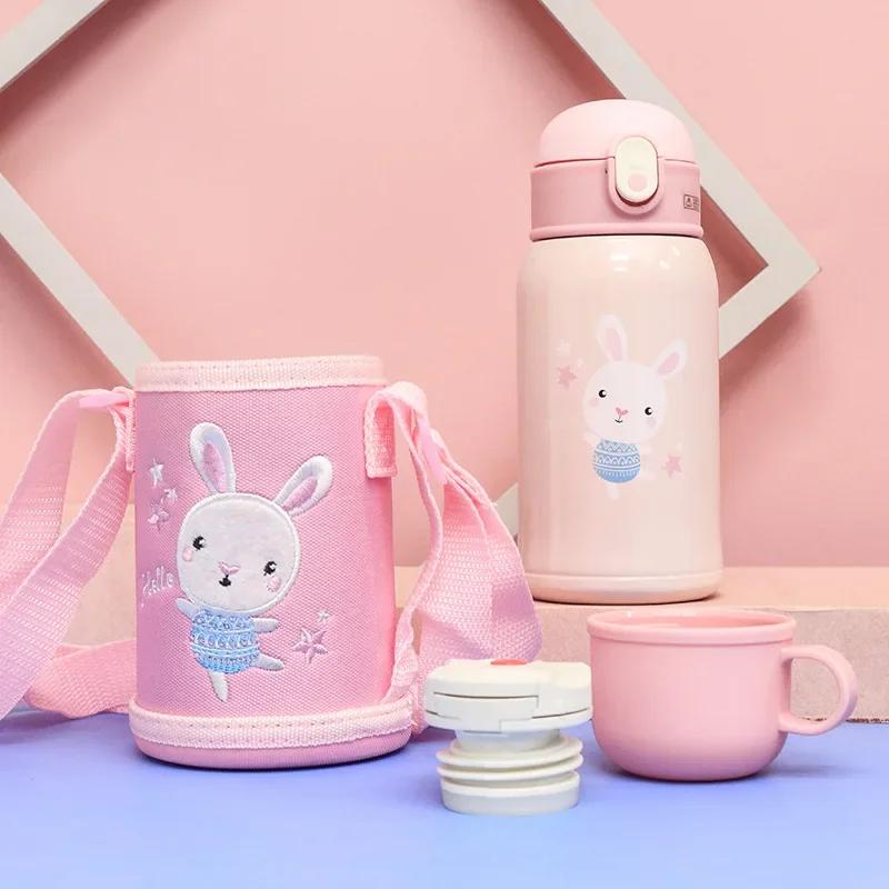 Cartoon Children's Straw Water Cup Strap Bouncing Cup Children's Vacuum Double-lid Double-layer Stainless Steel Vacuum Flask