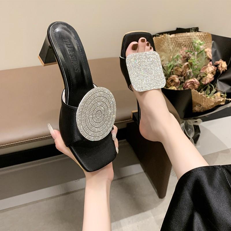 

New Summer Round Rhinestone Linen Woven Sandals for Women s Shoes Block Heels shoes for women 41 чорний