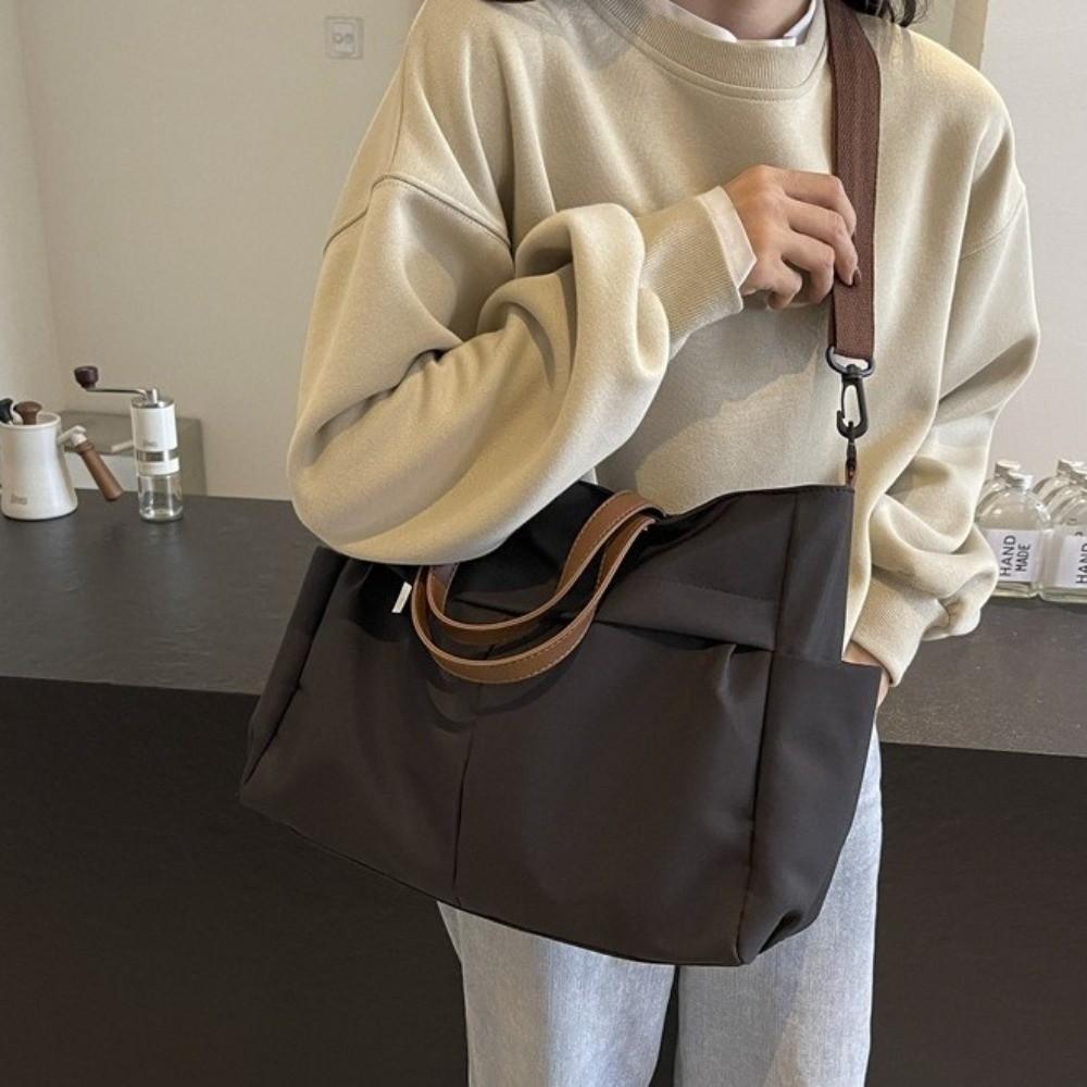 Fashion Stylish Women Shoulder Tote Bag Nylon Durable Commuting Handbag Two Pockets Solid Color Large Capacity Handbag Office