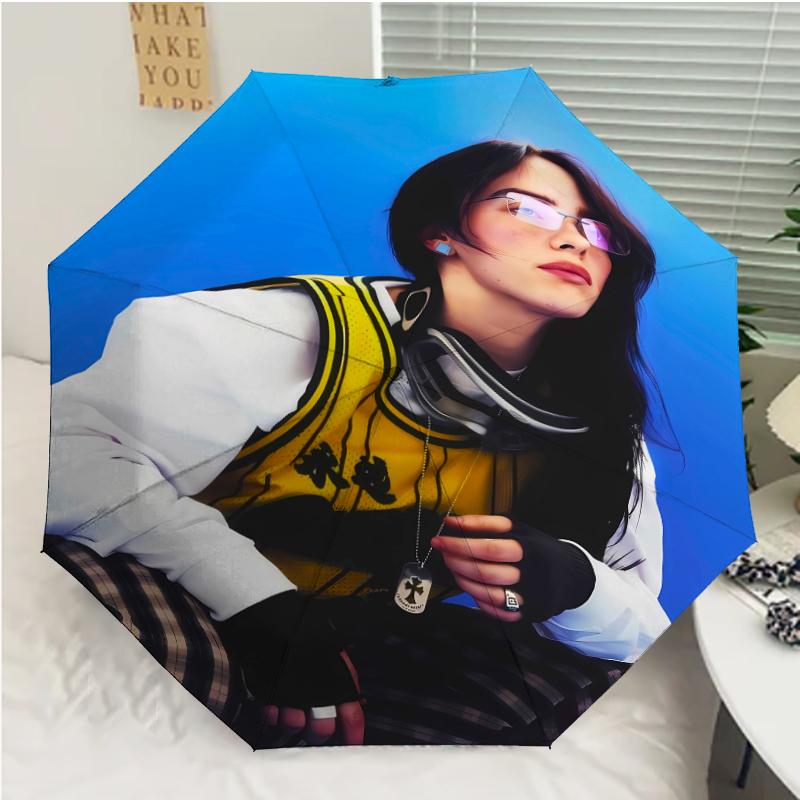 Singer Billie Eilish1 Print Automatic Umbrella, 8 Rib Iron Frame, Plastic Handle, Suitable for Outdoor Travel &Daily , Ideal Gift