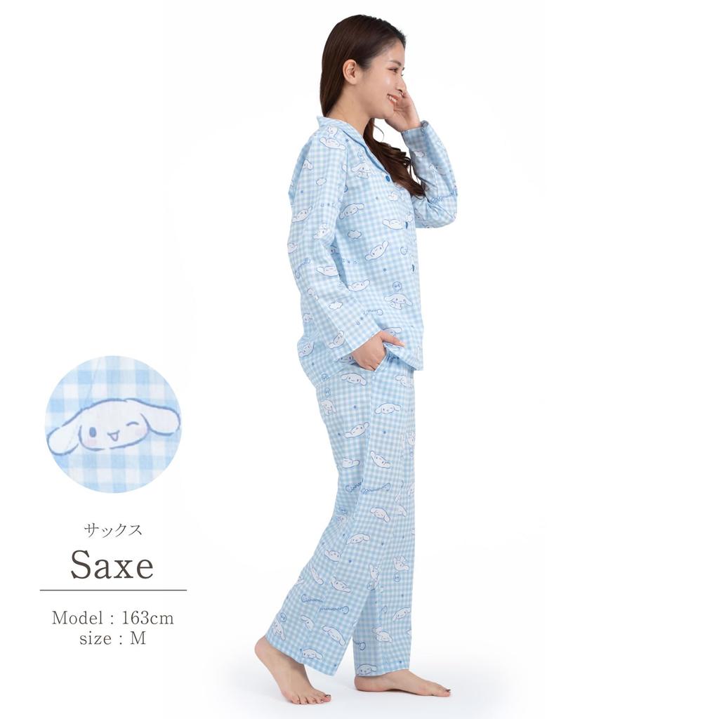 SAZAC Cinnamoroll Shirt Cotton Long Sleeve and Pants Gingham Cinnamoroll Pajamas, 100% Broadcloth, Women's Set, Loungewear, (Sax/M/SAN1780)