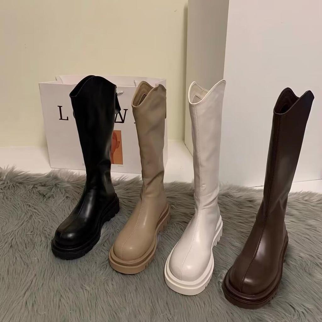 Wear women's long knight boots for casual outings, autumn and winter explosive boots, V-mouth thick bottom heightened round head