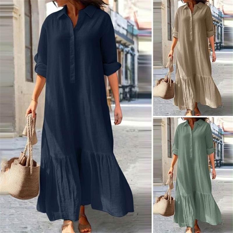 Damen Leinen Hemdkleid Revers 3/4 Ärmel Rüschensaum Locker Lang Maxikleid