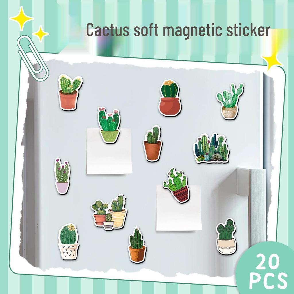 Set of 20 Cactus Soft Magnetic Fridge Magnets - Green Potted Plants, Waterproof, Creative Design